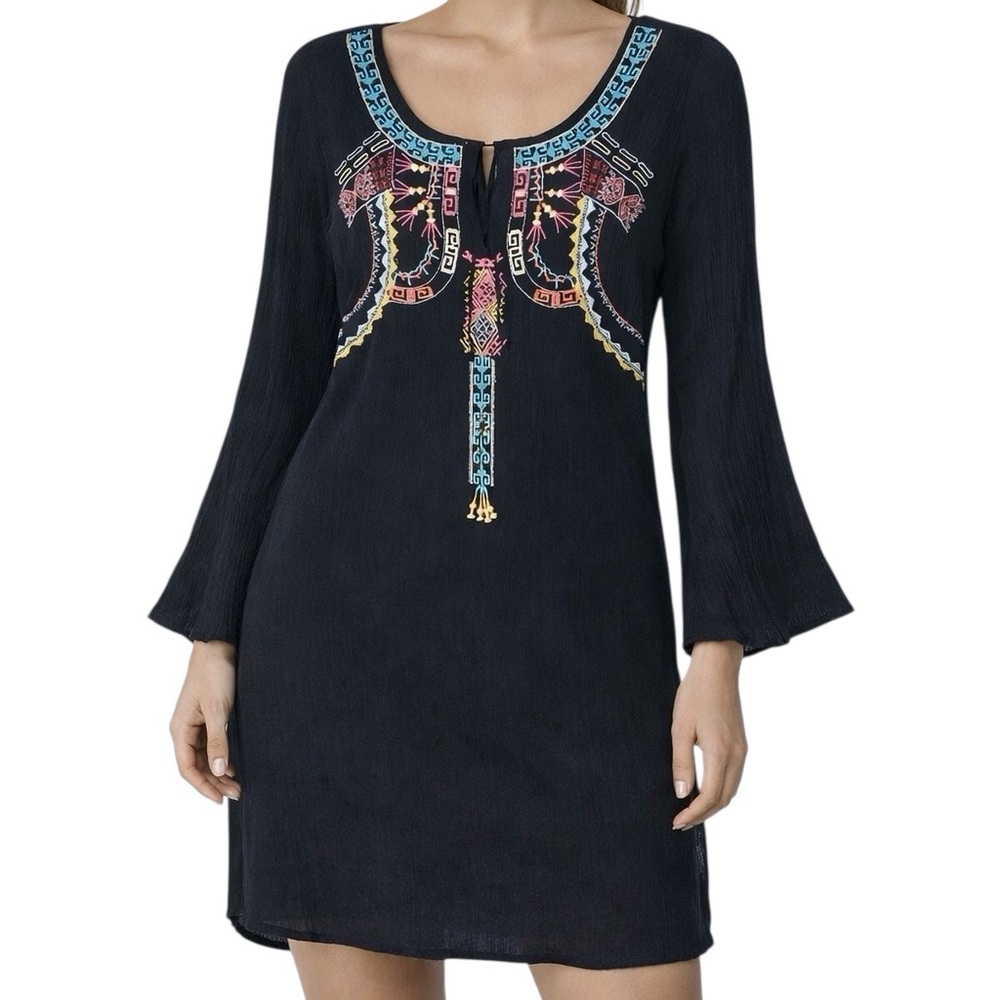 Womens Tunic Shirt Size XS Old Navy Black Crepe Multicolored Embroidery Slits